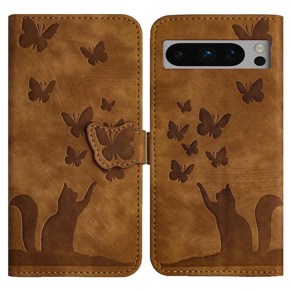 For Google Pixel 8 Pro Case Butterfly Cat Imprinted Wallet Phone Leather Cover - Brown - 1