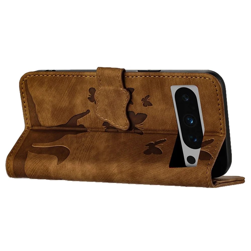 For Google Pixel 8 Pro Case Butterfly Cat Imprinted Wallet Phone Leather Cover - Brown - 3