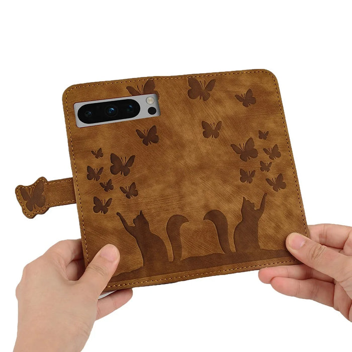 For Google Pixel 8 Pro Case Butterfly Cat Imprinted Wallet Phone Leather Cover - Brown - 6