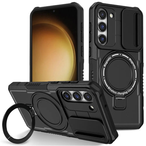 For Samsung Galaxy S23 Case Lens Protection Kickstand Magnetic Phone Cover - Black - 1