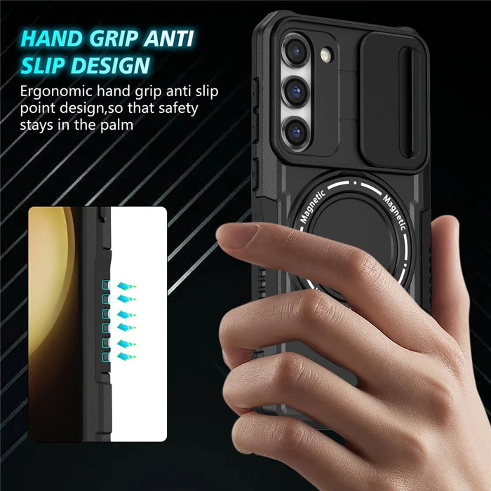 For Samsung Galaxy S23 Case Lens Protection Kickstand Magnetic Phone Cover - Black - 2