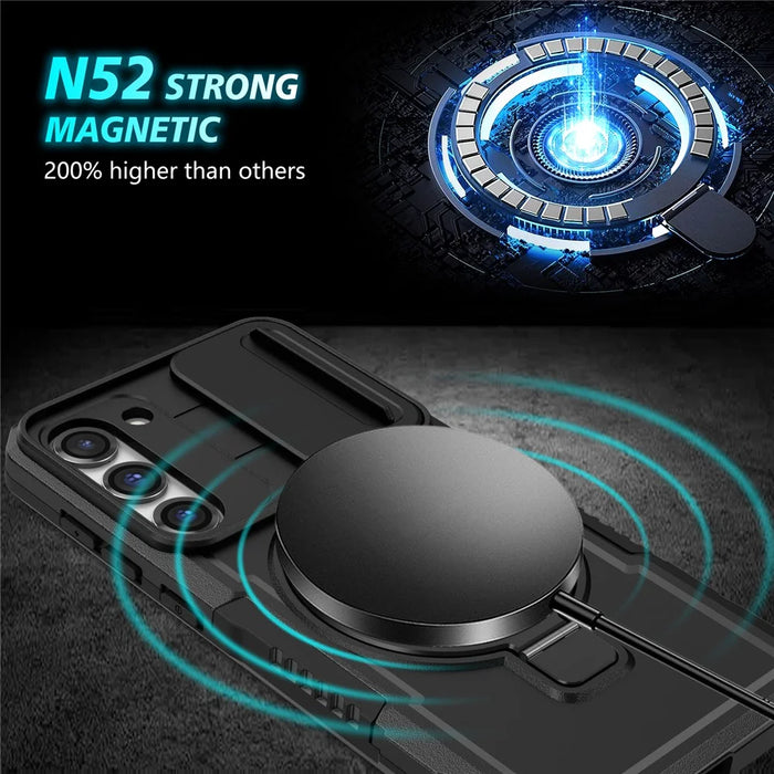 For Samsung Galaxy S23 Case Lens Protection Kickstand Magnetic Phone Cover - Black - 4