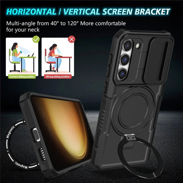 For Samsung Galaxy S23 Case Lens Protection Kickstand Magnetic Phone Cover - Black - 7