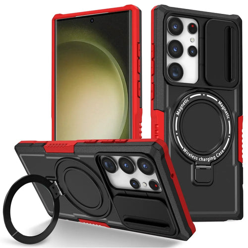 For Samsung Galaxy S23 Ultra Case Slide Lens Window Kickstand Phone Cover - Red / Black - 1