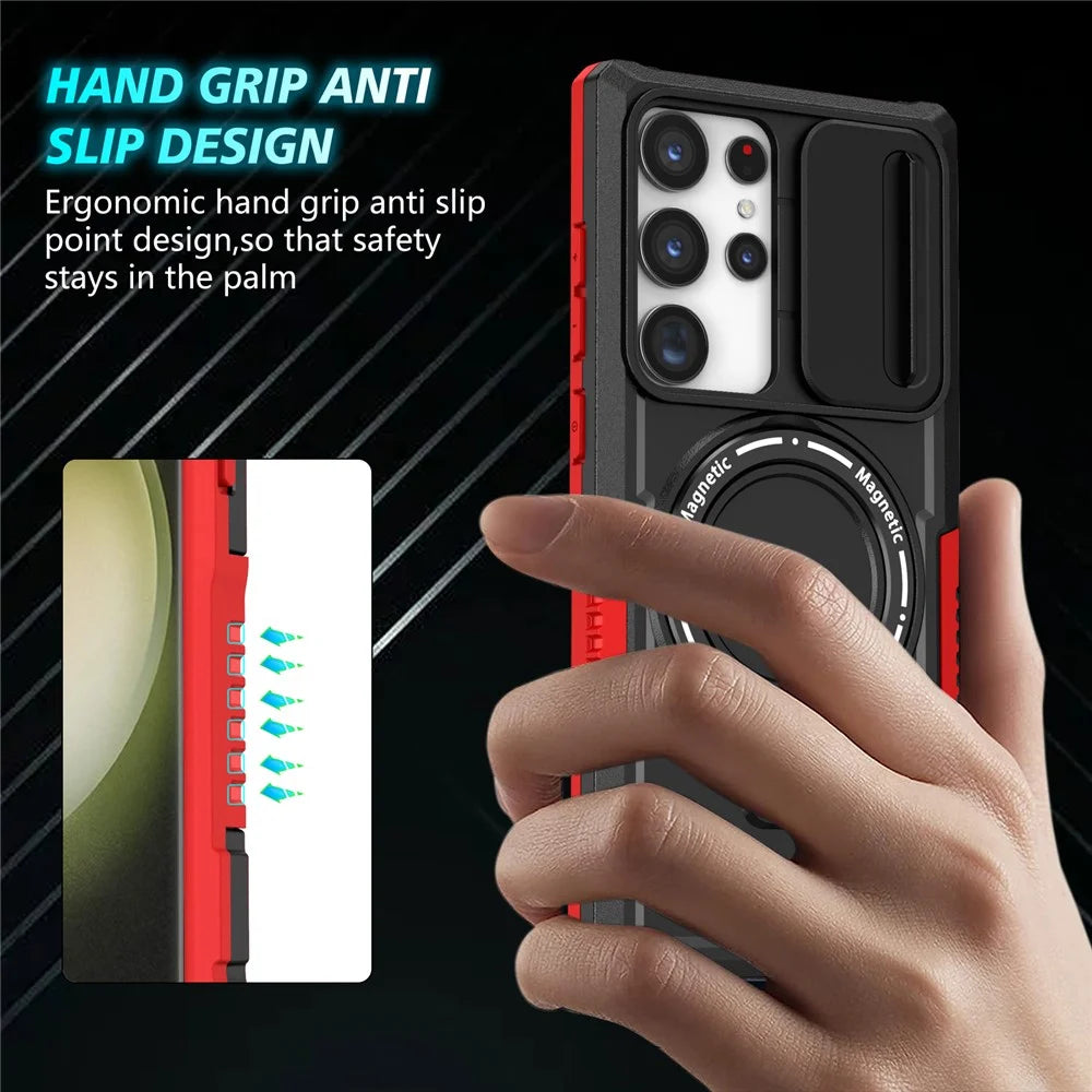 For Samsung Galaxy S23 Ultra Case Slide Lens Window Kickstand Phone Cover - Red / Black - 2