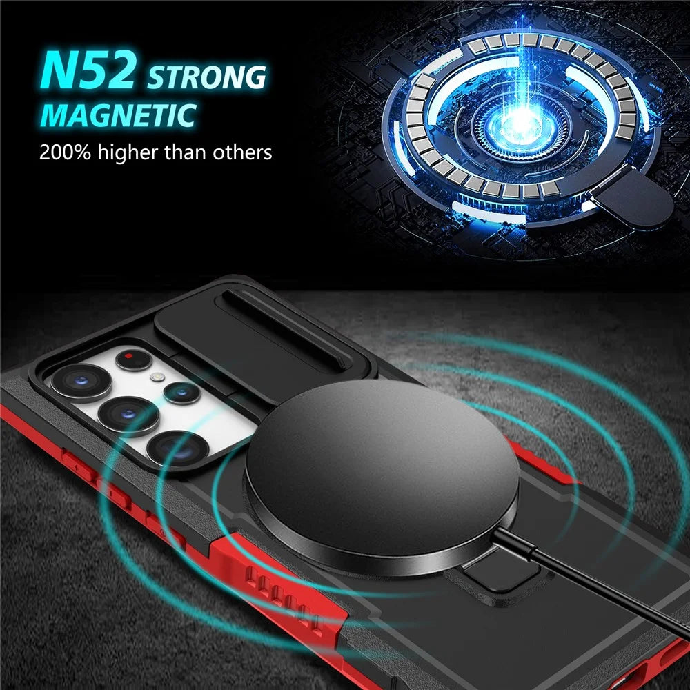 For Samsung Galaxy S23 Ultra Case Slide Lens Window Kickstand Phone Cover - Red / Black - 4