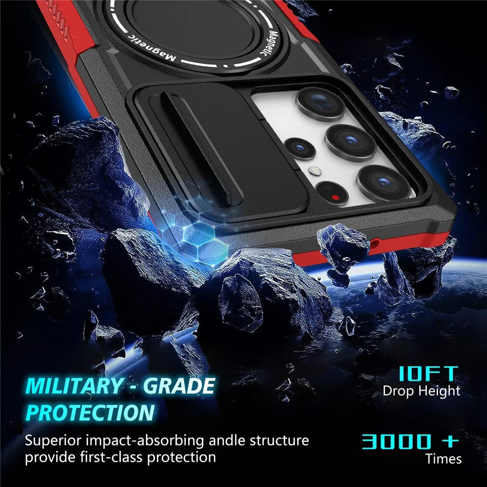 For Samsung Galaxy S23 Ultra Case Slide Lens Window Kickstand Phone Cover - Red / Black - 5