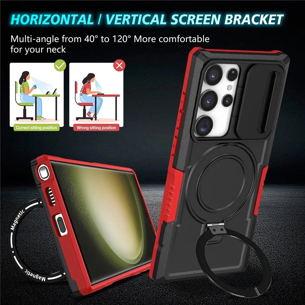 For Samsung Galaxy S23 Ultra Case Slide Lens Window Kickstand Phone Cover - Red / Black - 7