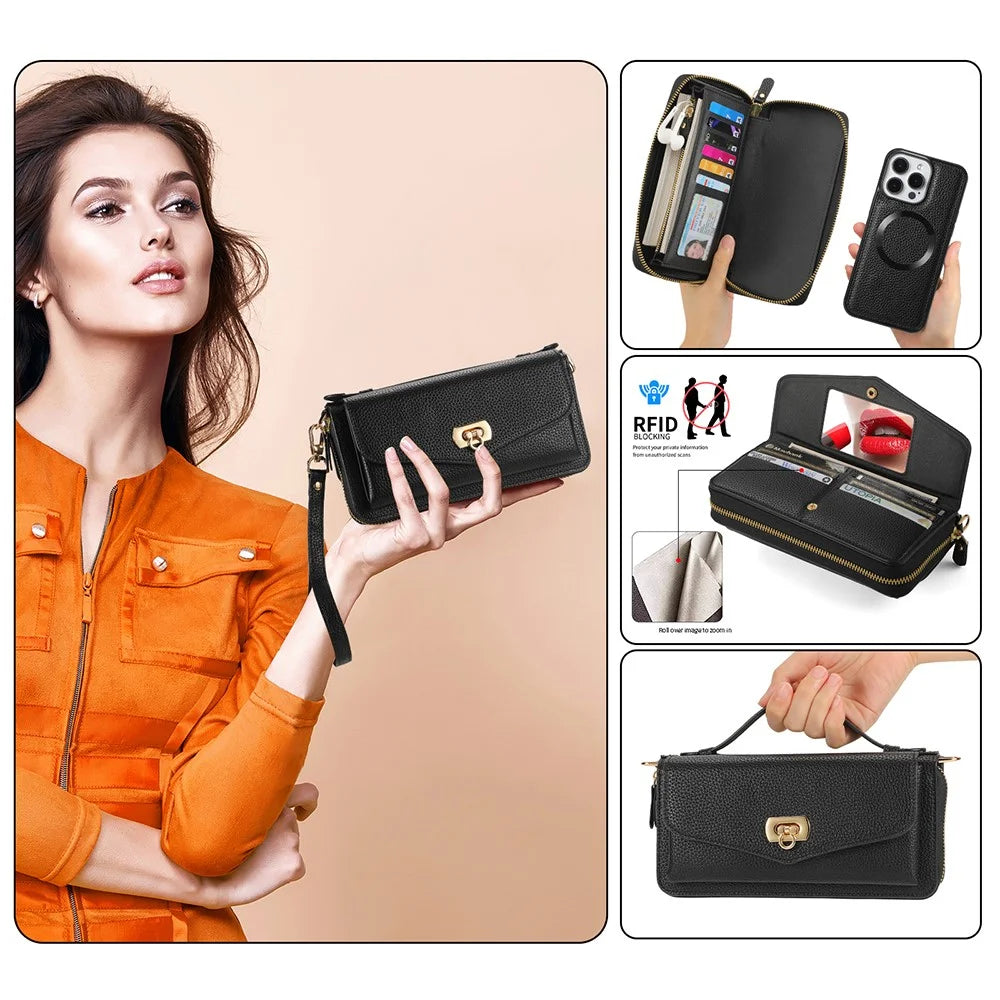 POLA Style 001 For iPhone 14 Pro Max Case RFID Blocking Detachable Leather Wallet Phone Cover - Black - 4