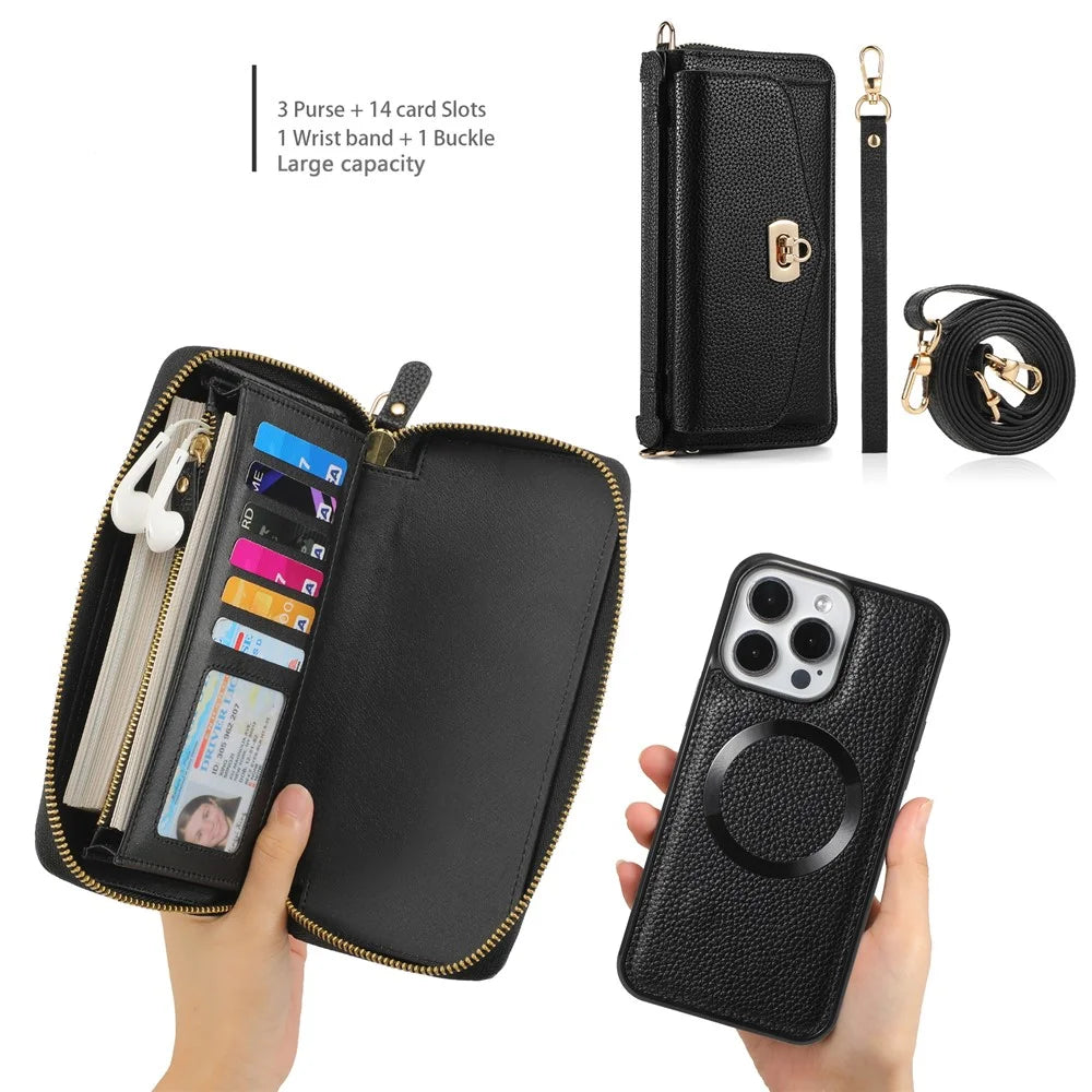 POLA Style 001 For iPhone 14 Pro Max Case RFID Blocking Detachable Leather Wallet Phone Cover - Black - 6