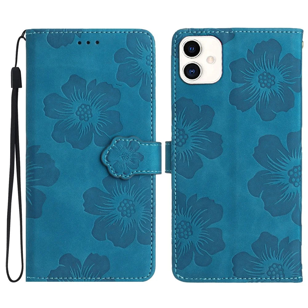 For Samsung Galaxy A05 4G Case Flowers Imprinted PU Leather Wallet Phone Cover - Blue - 1