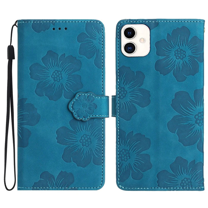 For Samsung Galaxy A05 4G Case Flowers Imprinted PU Leather Wallet Phone Cover - Blue - 1