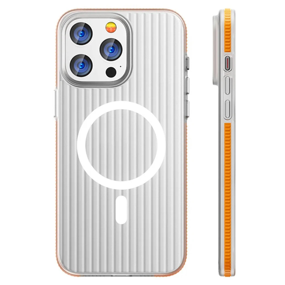 For iPhone 15 Pro Max Case PC Corrugated Texture Anti-drop Phone Cover Compatible with MagSafe - Orange Edge - 1