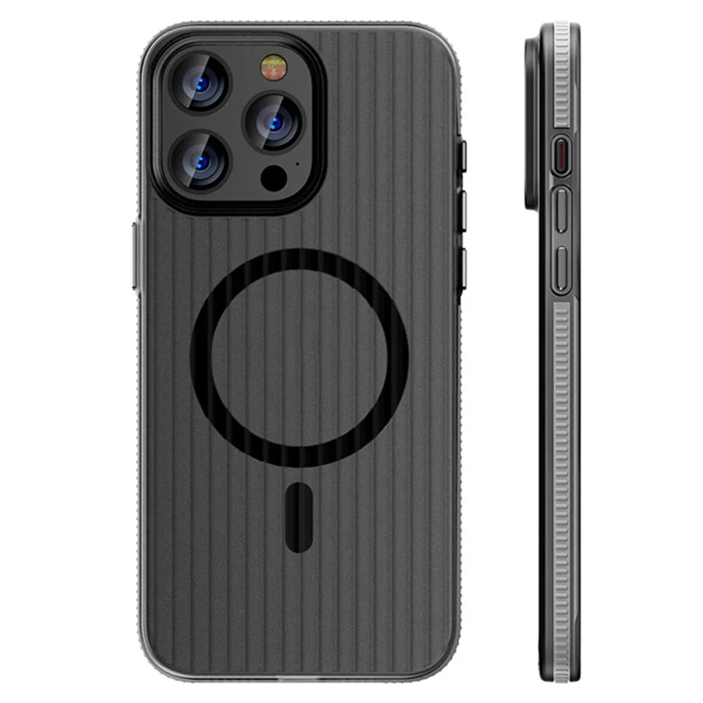 For iPhone 15 Pro Case Corrugated Texture Phone Cover PC Shell Compatible with MagSafe - Grey Edge - 1