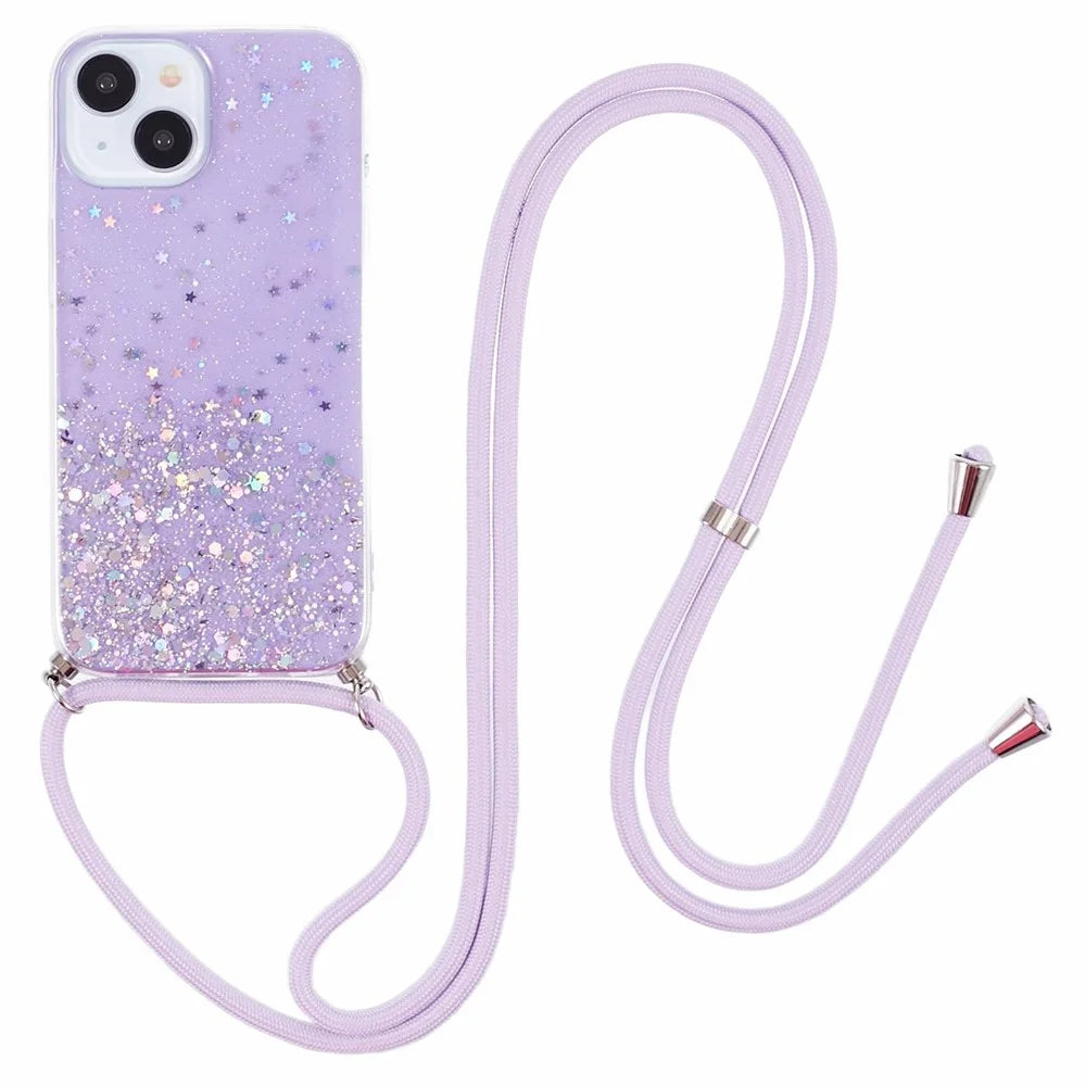 AW Series for iPhone 15 Case Sparkle Epoxy TPU Phone Cover with Lanyard - Purple - 1