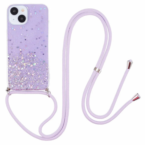 AW Series for iPhone 15 Case Sparkle Epoxy TPU Phone Cover with Lanyard - Purple - 1