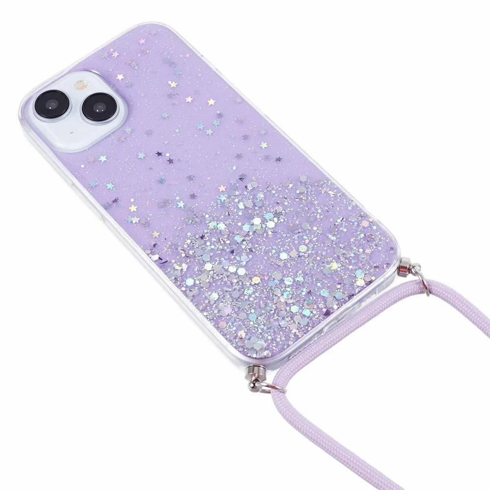 AW Series for iPhone 15 Case Sparkle Epoxy TPU Phone Cover with Lanyard - Purple - 2