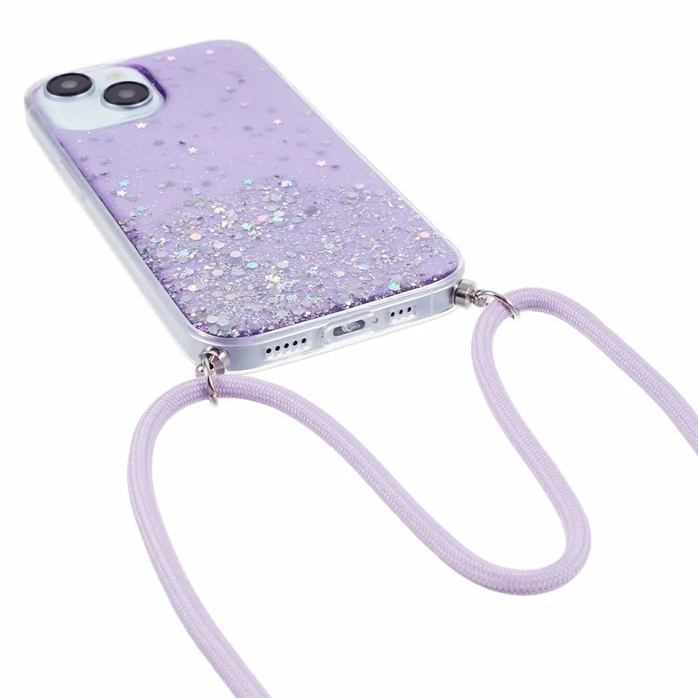 AW Series for iPhone 15 Case Sparkle Epoxy TPU Phone Cover with Lanyard - Purple - 3