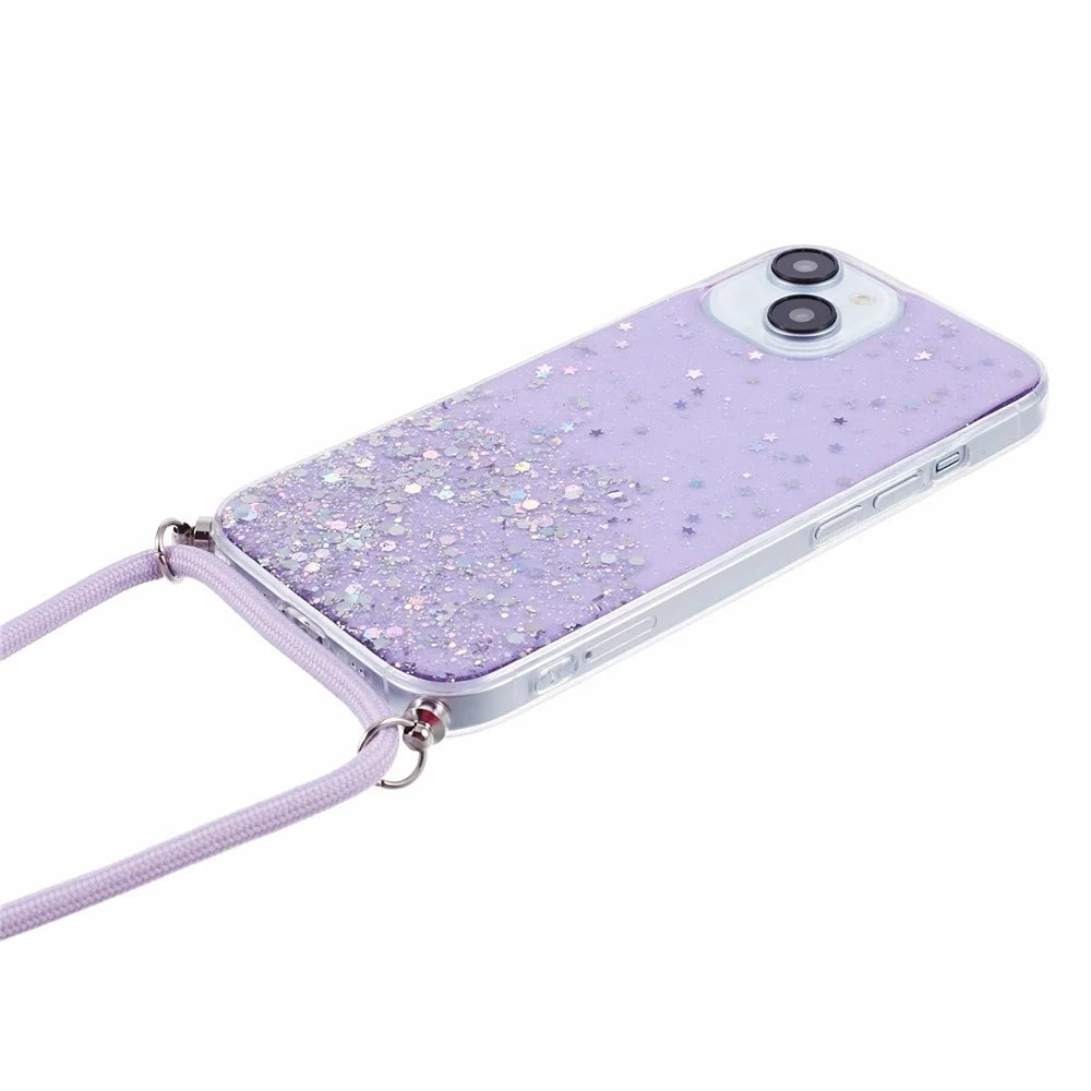 AW Series for iPhone 15 Case Sparkle Epoxy TPU Phone Cover with Lanyard - Purple - 4