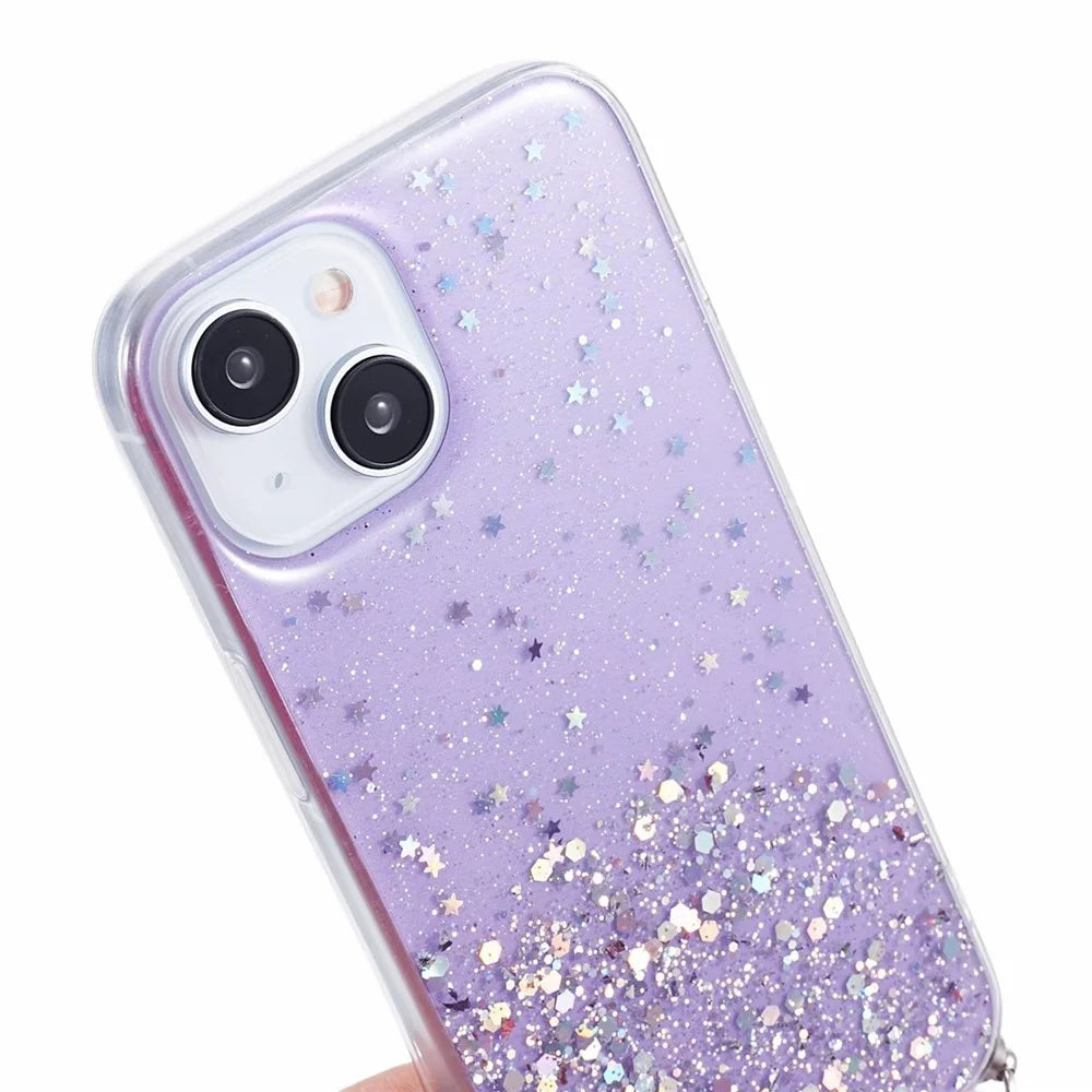 AW Series for iPhone 15 Case Sparkle Epoxy TPU Phone Cover with Lanyard - Purple - 6