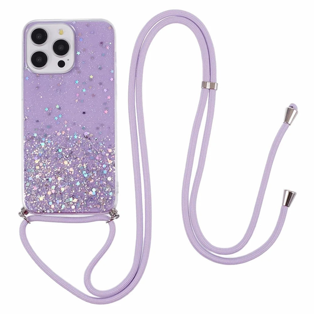 AW Series for iPhone 15 Pro Max Case Shockproof Phone Shell Glitter Epoxy TPU Cover with Lanyard - Purple - 1