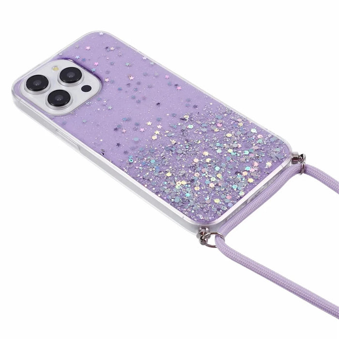AW Series for iPhone 15 Pro Max Case Shockproof Phone Shell Glitter Epoxy TPU Cover with Lanyard - Purple - 2