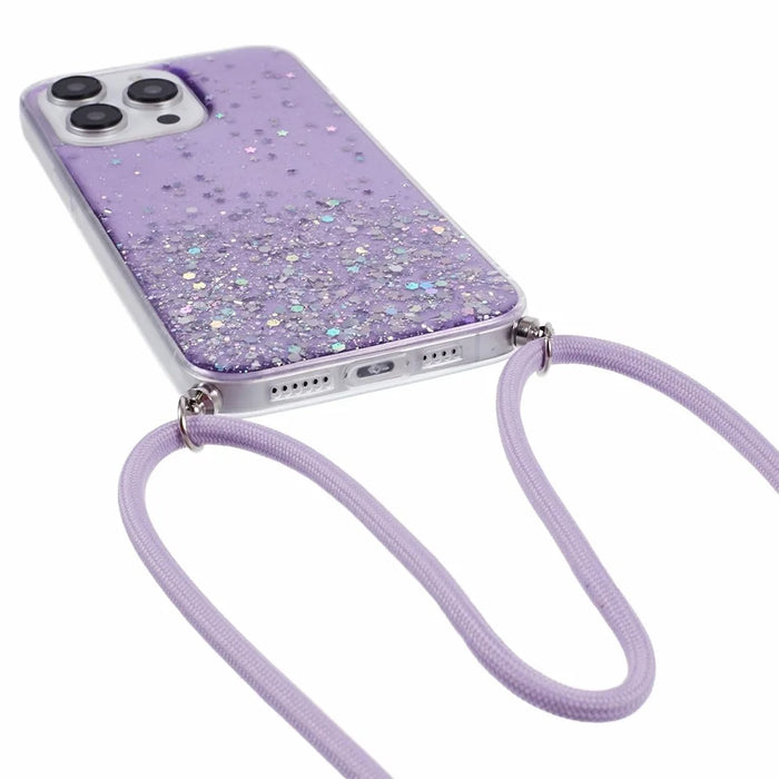 AW Series for iPhone 15 Pro Max Case Shockproof Phone Shell Glitter Epoxy TPU Cover with Lanyard - Purple - 3