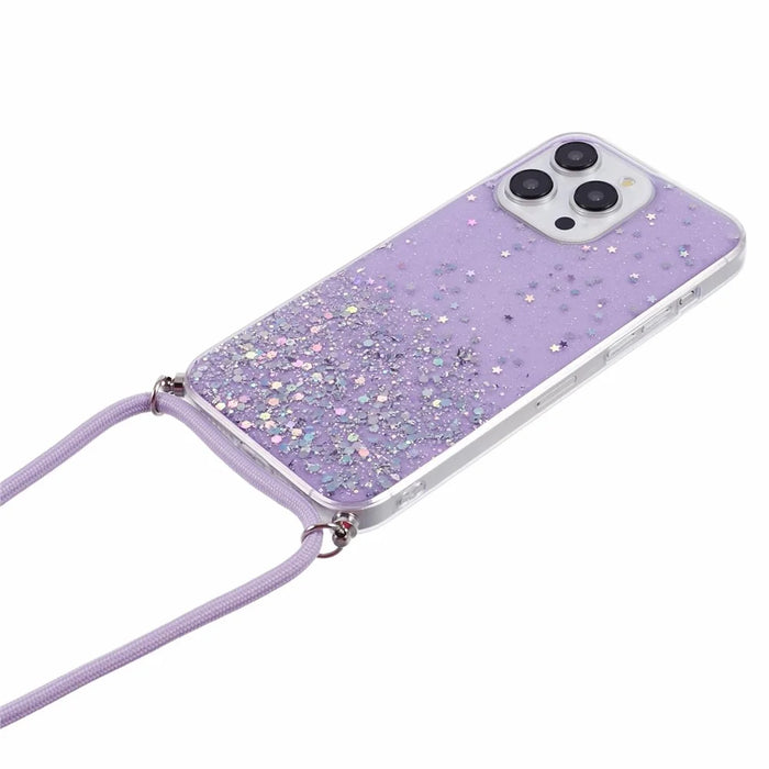 AW Series for iPhone 15 Pro Max Case Shockproof Phone Shell Glitter Epoxy TPU Cover with Lanyard - Purple - 4