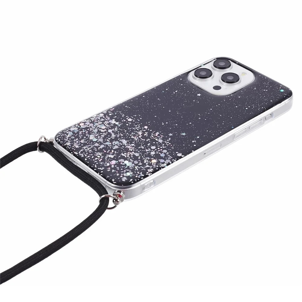 AW Series for iPhone 13 Pro Max Cell Phone Case Sparkle Epoxy TPU Cover with Lanyard - Black - 4