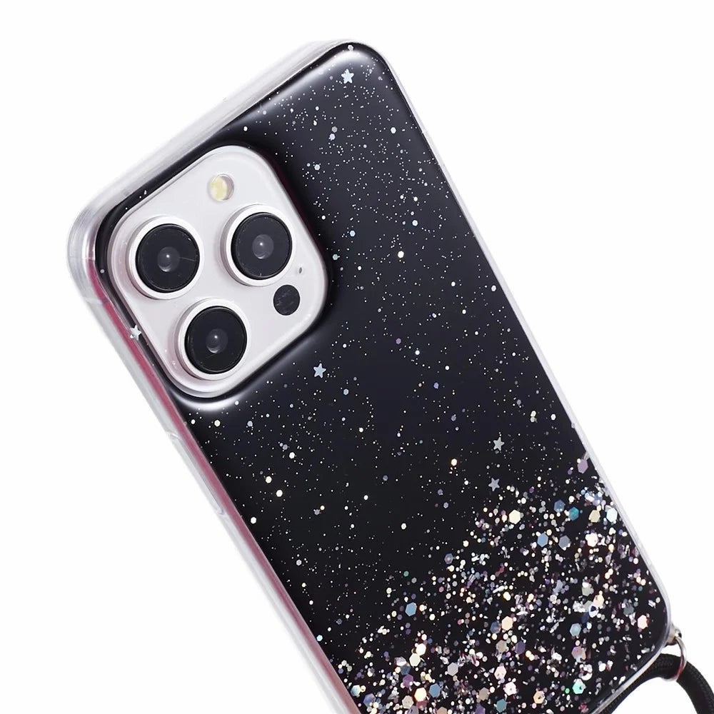 AW Series for iPhone 13 Pro Max Cell Phone Case Sparkle Epoxy TPU Cover with Lanyard - Black - 6