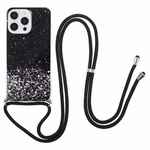 AW Series for iPhone 13 Pro TPU Phone Shell Case Sparkle Epoxy Phone Cover with Lanyard - Black - 1