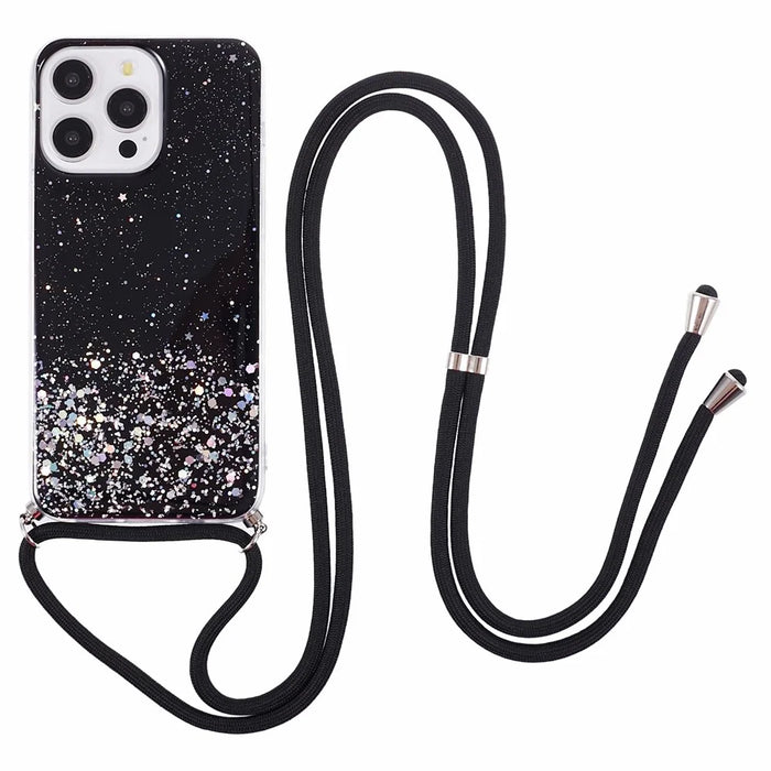 AW Series for iPhone 13 Pro TPU Phone Shell Case Sparkle Epoxy Phone Cover with Lanyard - Black - 1