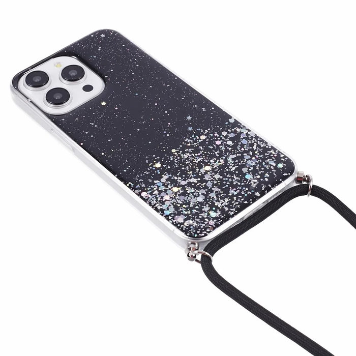 AW Series for iPhone 13 Pro TPU Phone Shell Case Sparkle Epoxy Phone Cover with Lanyard - Black - 2