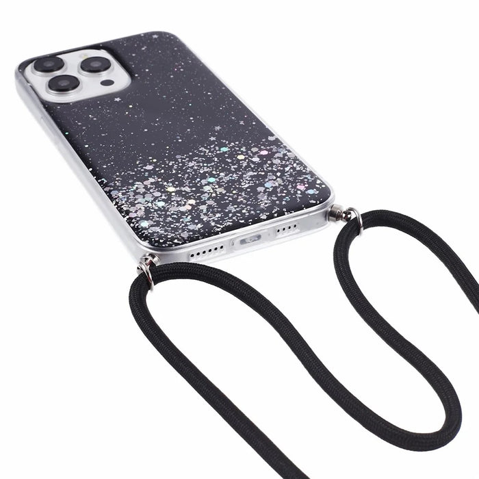 AW Series for iPhone 13 Pro TPU Phone Shell Case Sparkle Epoxy Phone Cover with Lanyard - Black - 3