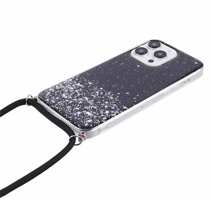 AW Series for iPhone 13 Pro TPU Phone Shell Case Sparkle Epoxy Phone Cover with Lanyard - Black - 4