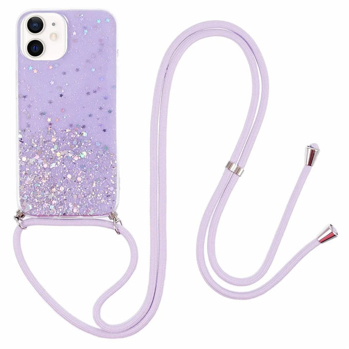 AW Series for iPhone 12 Pro / 12 Case Sparkle Epoxy TPU Phone Shell with Lanyard - Purple - 1