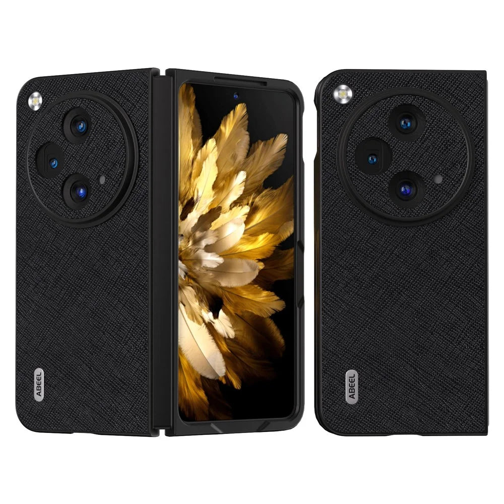 ABEEL For Oppo Find N3 5G / OnePlus Open Case Cross Texture Genuine Cow Leather Phone Back Cover - Black - 1
