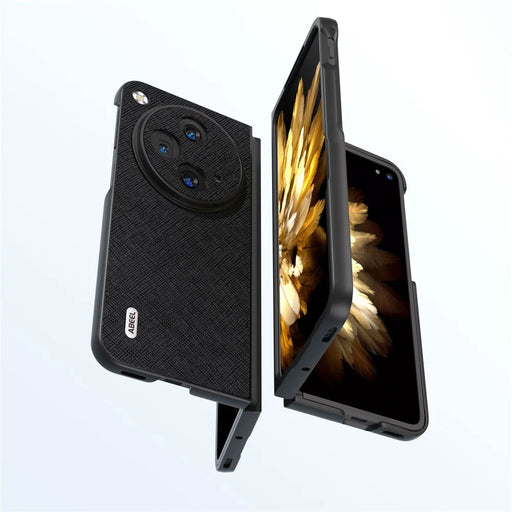 ABEEL For Oppo Find N3 5G / OnePlus Open Case Cross Texture Genuine Cow Leather Phone Back Cover - Black - 2