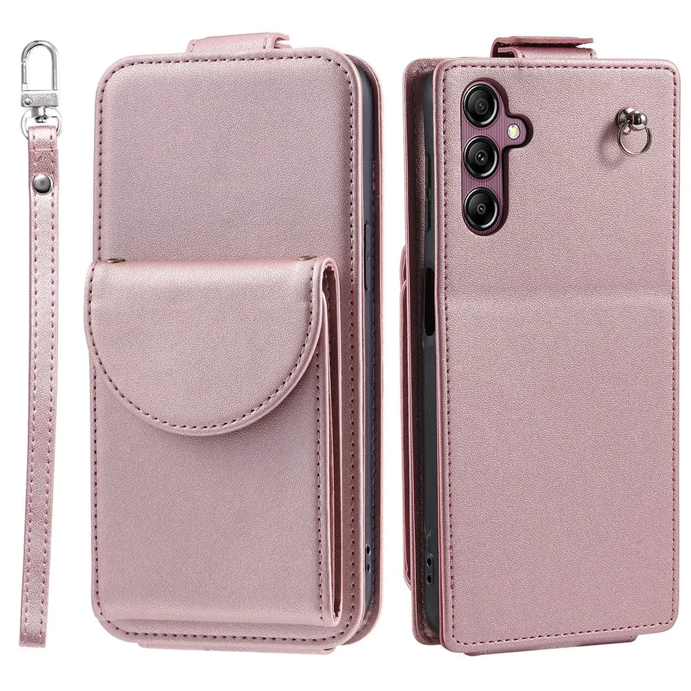 For Samsung Galaxy A34 5G Case Vertical Flip Card Bag Phone Cover with Straps - Rose Gold - 1