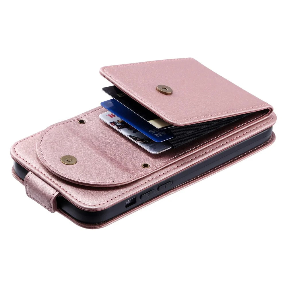 For Samsung Galaxy A34 5G Case Vertical Flip Card Bag Phone Cover with Straps - Rose Gold - 4