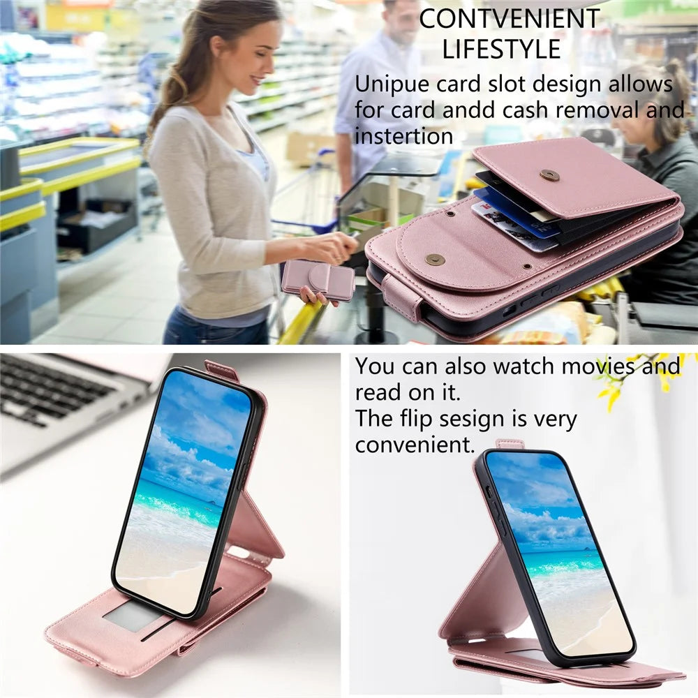 For Samsung Galaxy A34 5G Case Vertical Flip Card Bag Phone Cover with Straps - Rose Gold - 7