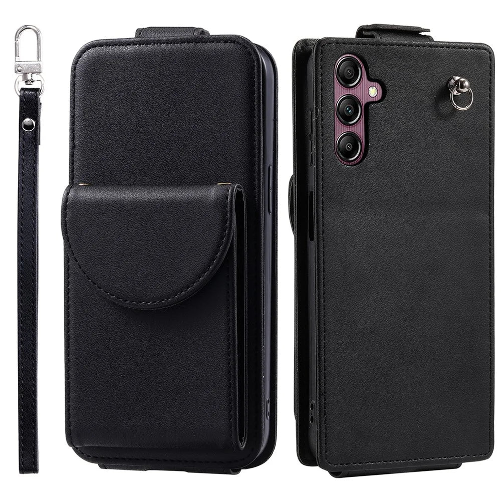 Phone Case for Samsung Galaxy A05s 4G PU Leather + TPU Vertical Card Holder Phone Cover with 2 Straps - Black - 1