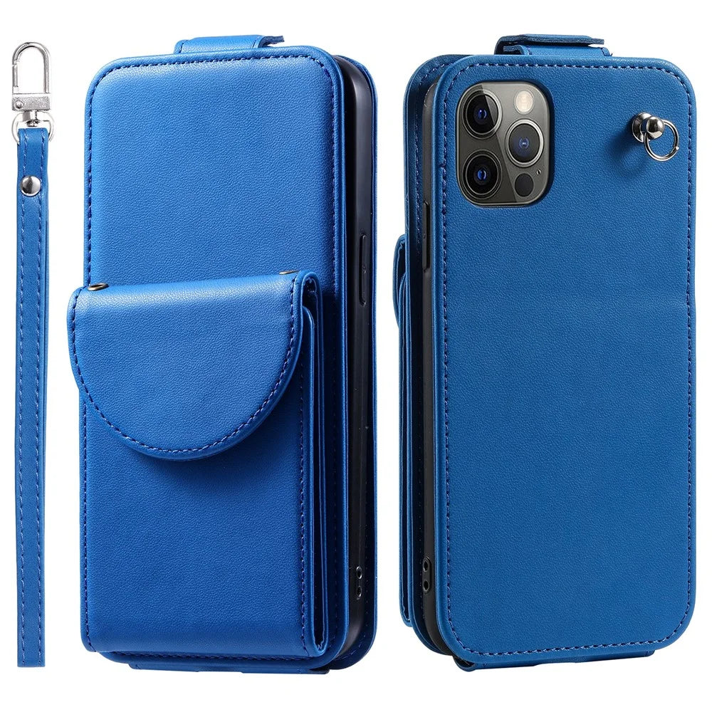 For iPhone 12 / 12 Pro PU Leather + TPU Phone Case Vertical Card Holder Phone Cover with 2 Straps - Blue - 1