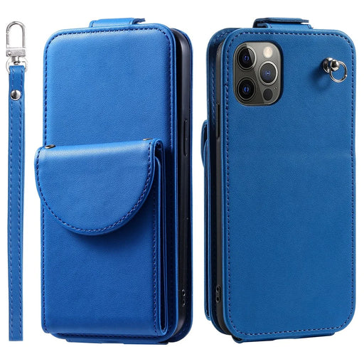 For iPhone 12 / 12 Pro PU Leather + TPU Phone Case Vertical Card Holder Phone Cover with 2 Straps - Blue - 1