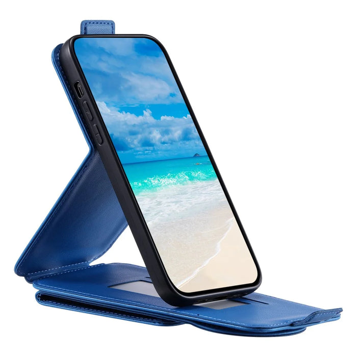 For iPhone 12 / 12 Pro PU Leather + TPU Phone Case Vertical Card Holder Phone Cover with 2 Straps - Blue - 2