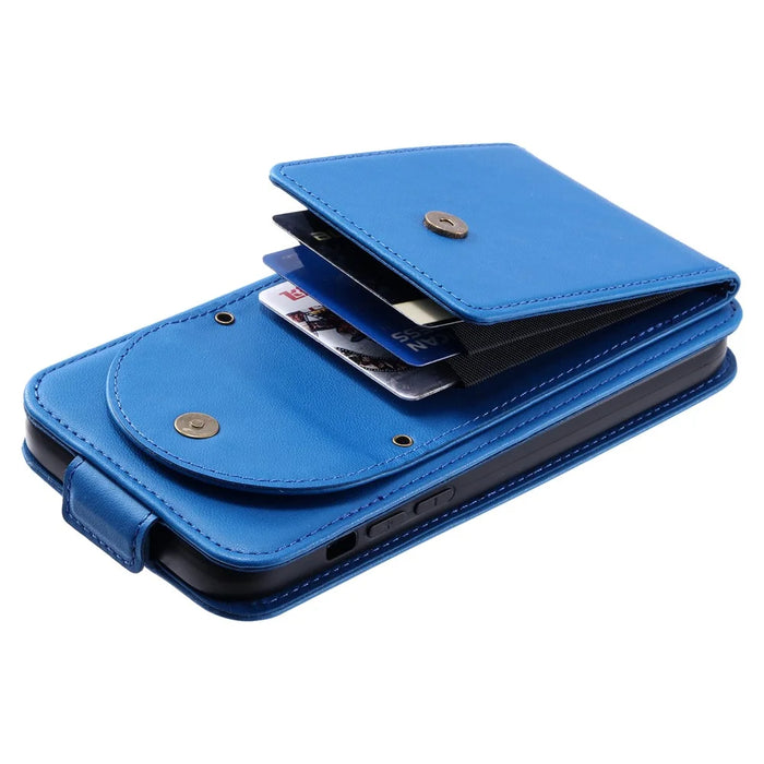 For iPhone 12 / 12 Pro PU Leather + TPU Phone Case Vertical Card Holder Phone Cover with 2 Straps - Blue - 4