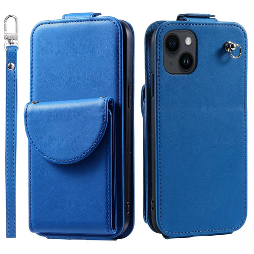 For iPhone 15 Case Phone Cover Leather+TPU Vertical Flip Phone Shell with Card Bag - Blue - 1
