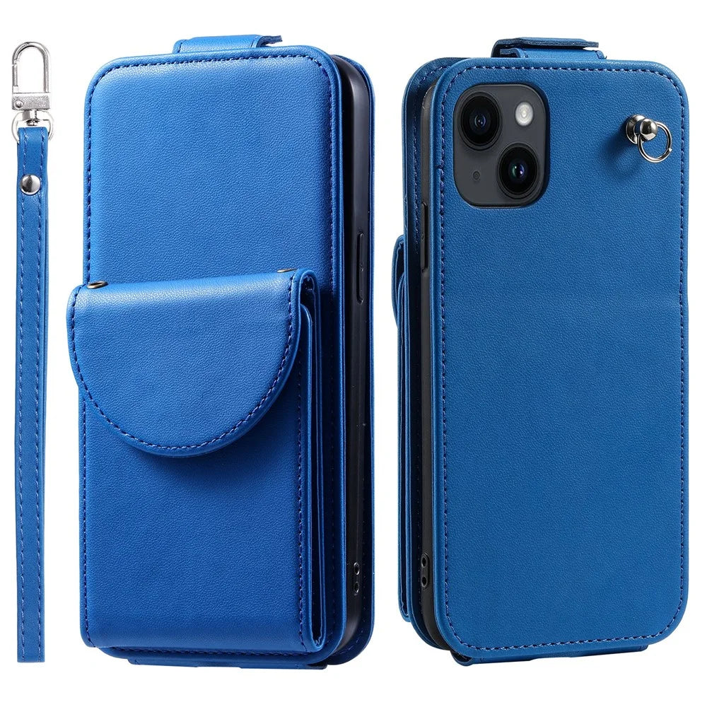 For iPhone 15 Case Phone Cover Leather+TPU Vertical Flip Phone Shell with Card Bag - Blue - 1