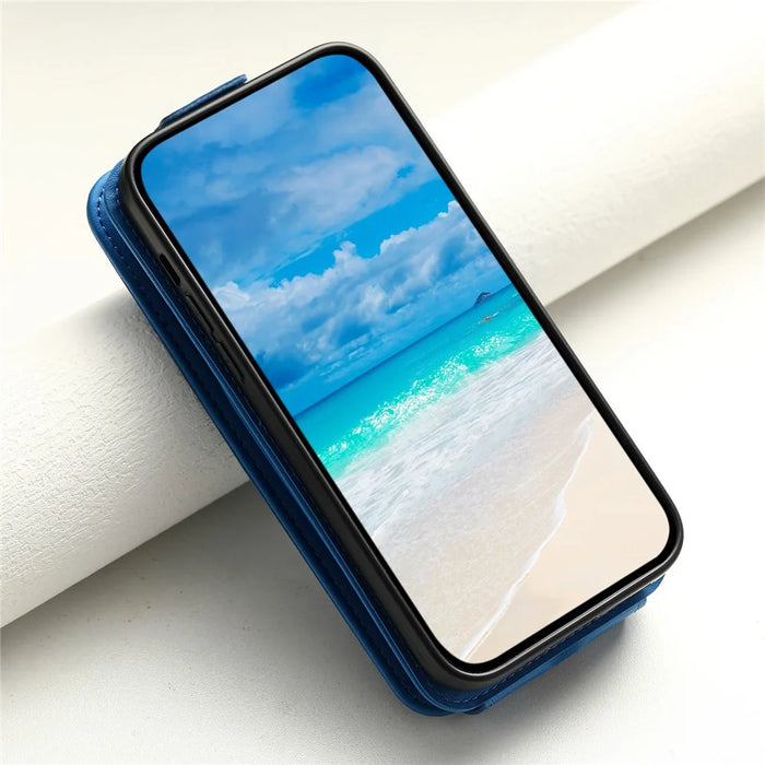 For iPhone 15 Case Phone Cover Leather+TPU Vertical Flip Phone Shell with Card Bag - Blue - 6