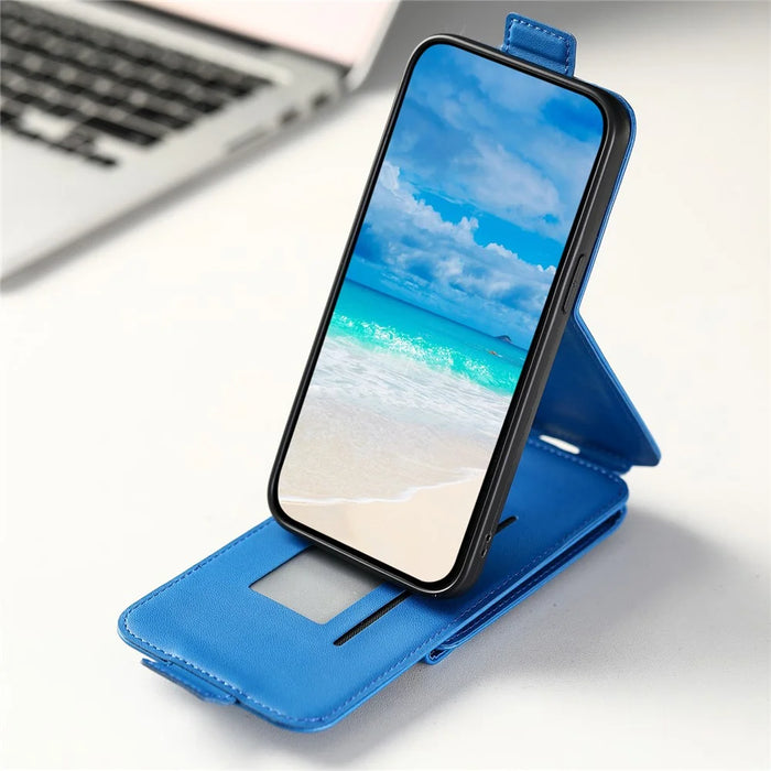 For iPhone 15 Case Phone Cover Leather+TPU Vertical Flip Phone Shell with Card Bag - Blue - 7